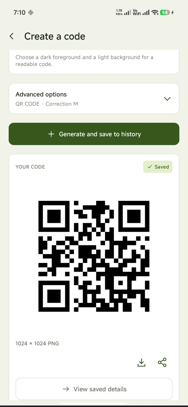 A real generated QR code preview with PNG save and sharing actions
