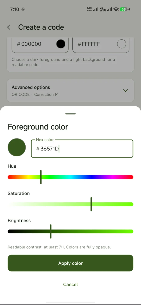 QR foreground color picker with hex value, hue, saturation and brightness controls