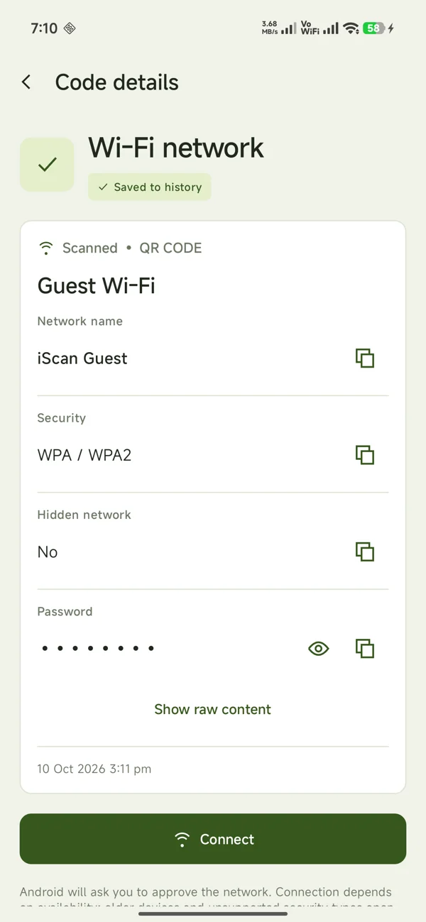Wi-Fi QR result showing network name, security, hidden password and Connect action