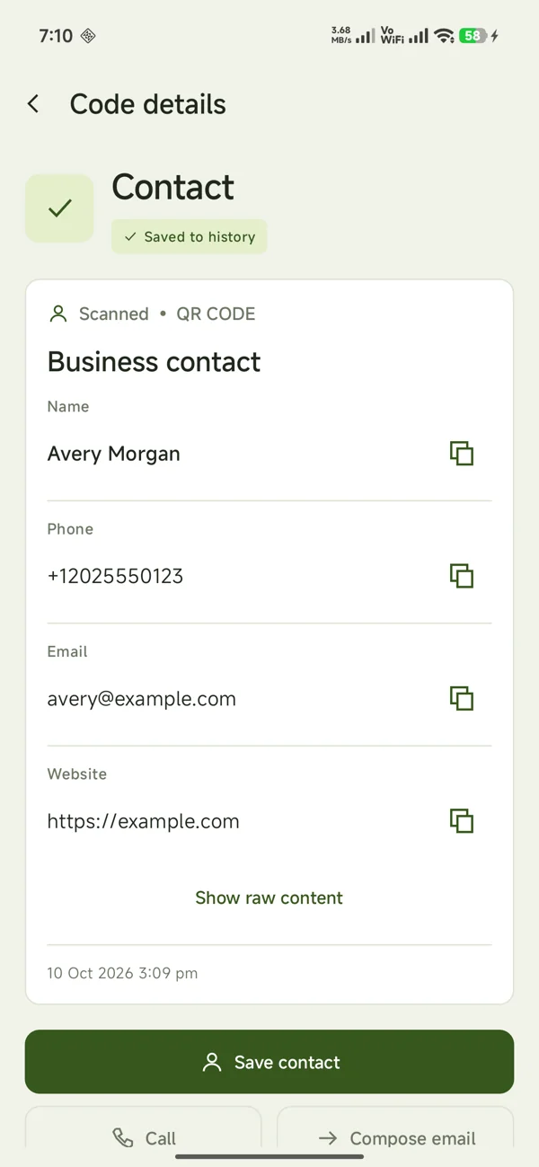 Contact QR with demo name, phone, email and Save contact action
