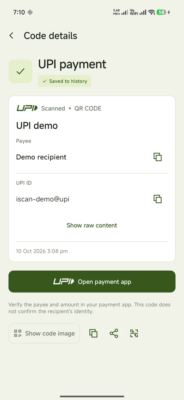 Demo UPI QR result with payee, UPI ID and Open payment app action