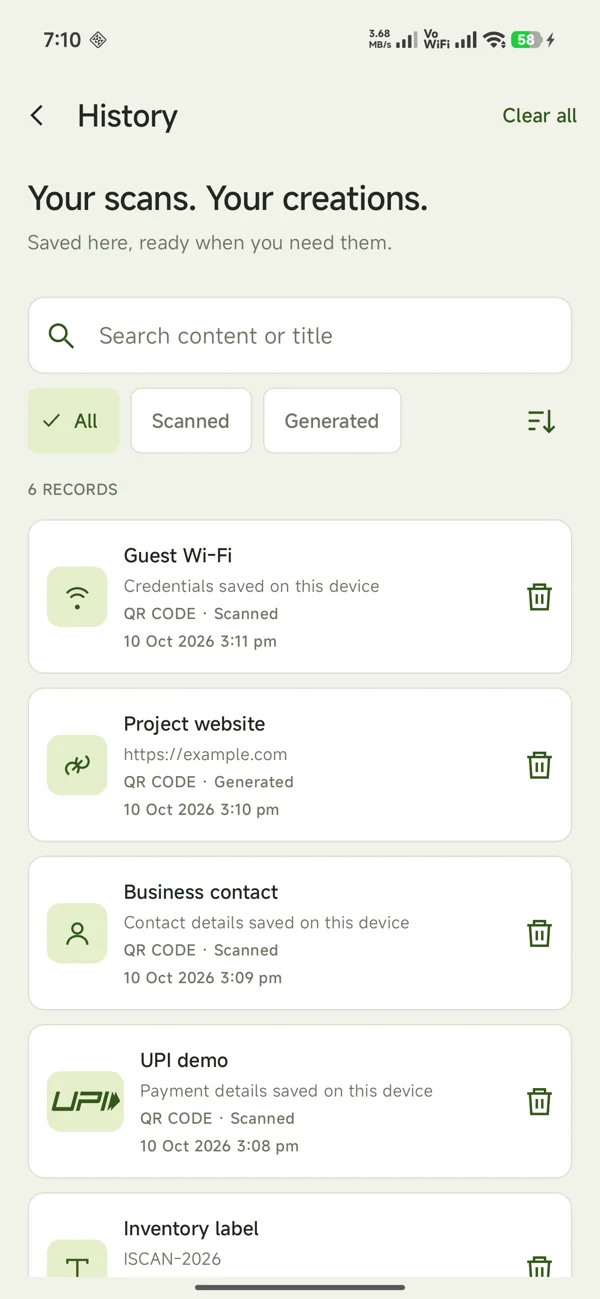 Local scan history with All, Scanned and Generated filters and sort icon